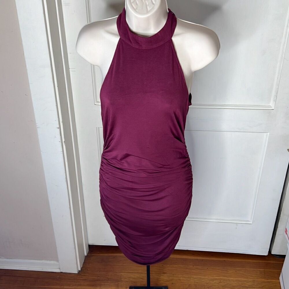Krisa Ruched Halter Bodycon Mini Dress In Burgundy NWT Size Small - Picture 5 of 5
